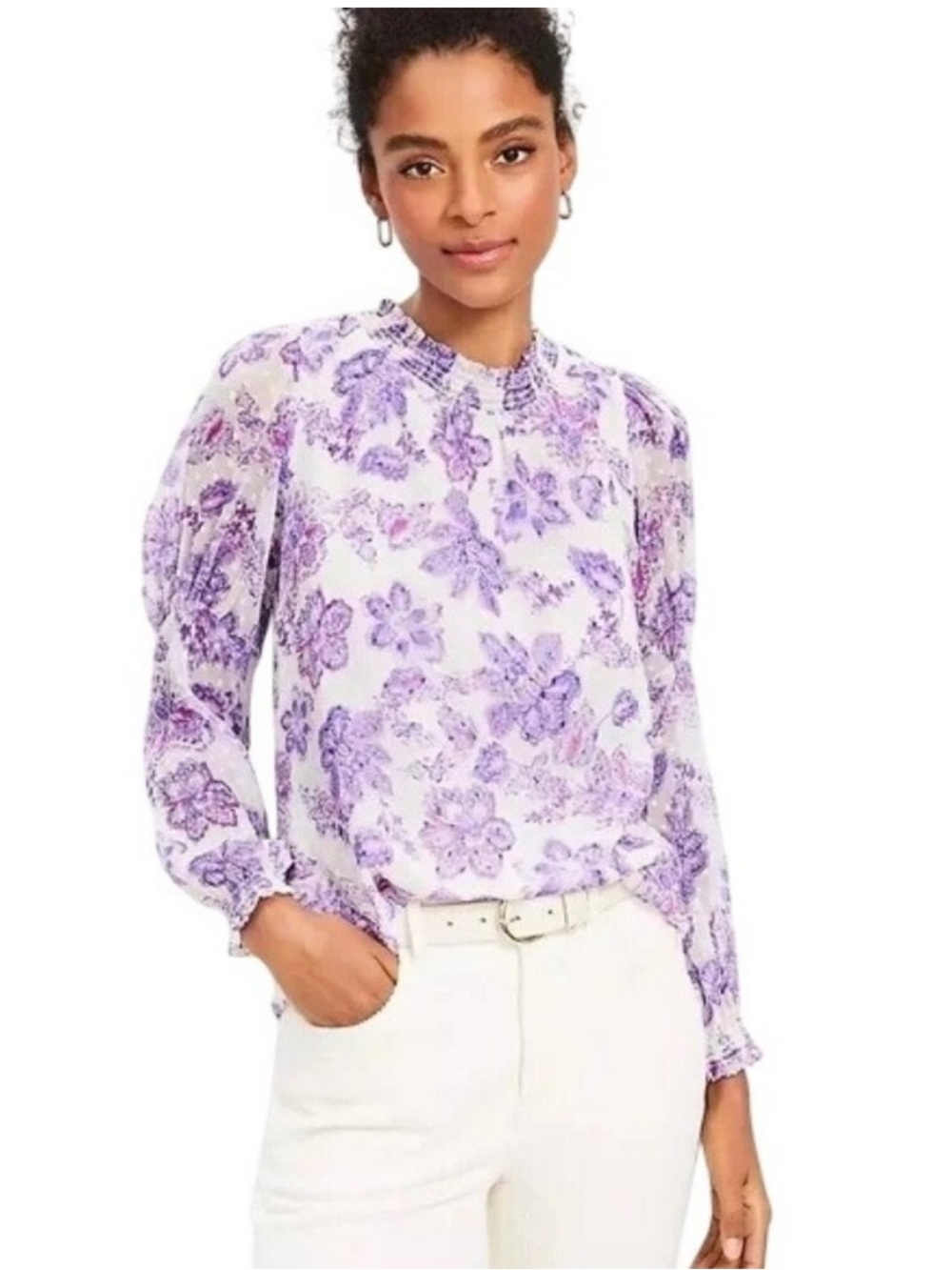 Ann Taylor LOFT Purple Floral Blouse Long Sheer Sleeve Lined Bodice Size Medium